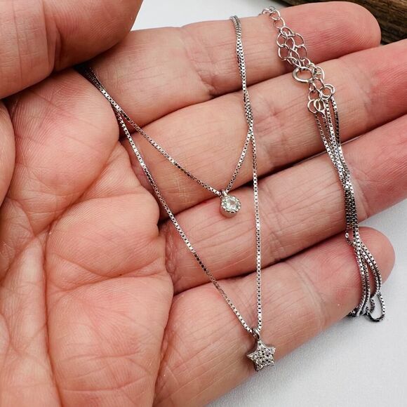 Sterling Silver Moon & Star Layered Necklace - Picture 2 of 4